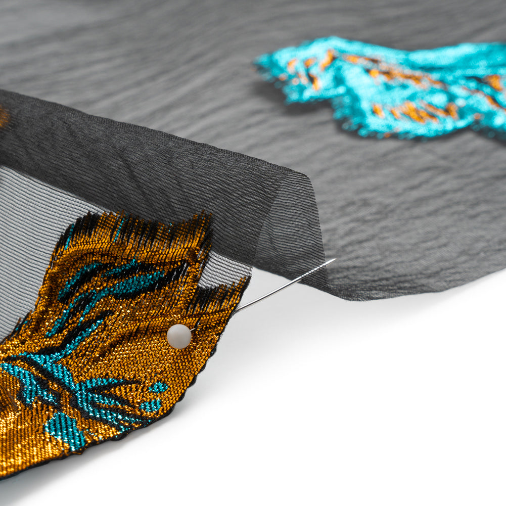 Metallic Teal, Orange and Black Floral Luxury Burnout Brocade Panel