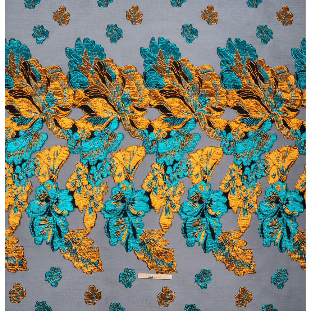 Metallic Teal, Orange and Black Floral Luxury Burnout Brocade Panel