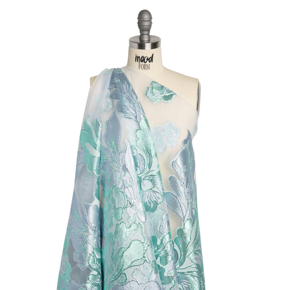 Metallic Turquoise, Baby Blue and White Floral Luxury Burnout Brocade Panel