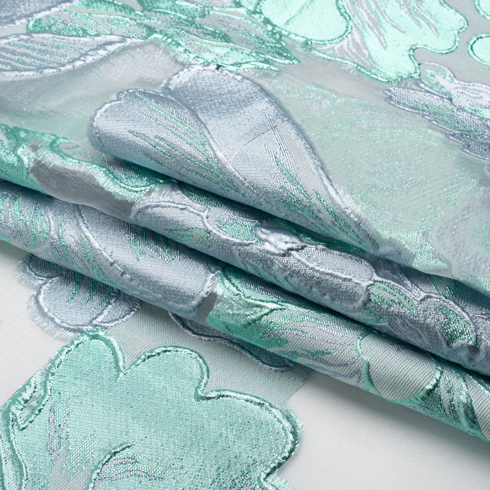 Metallic Turquoise, Baby Blue and White Floral Luxury Burnout Brocade Panel