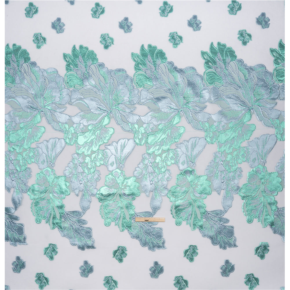 Metallic Turquoise, Baby Blue and White Floral Luxury Burnout Brocade Panel