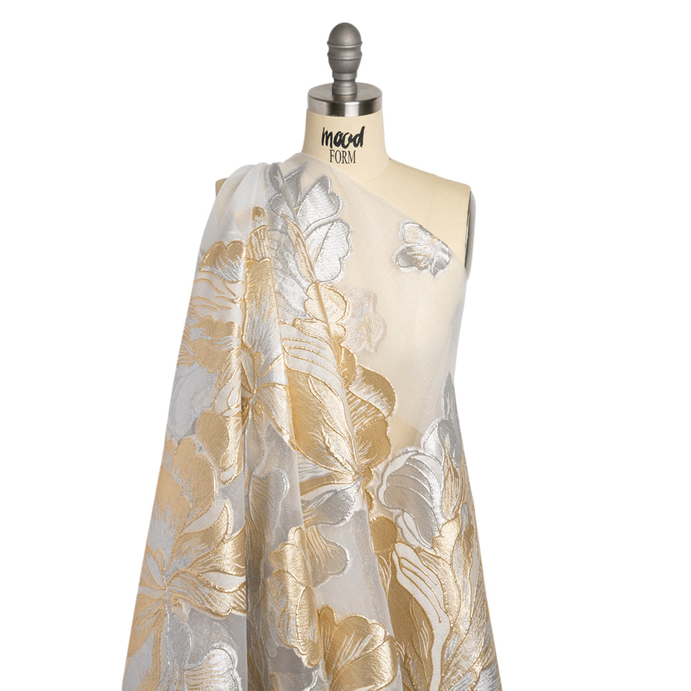 Metallic Gold, Silver and White Floral Luxury Burnout Brocade Panel
