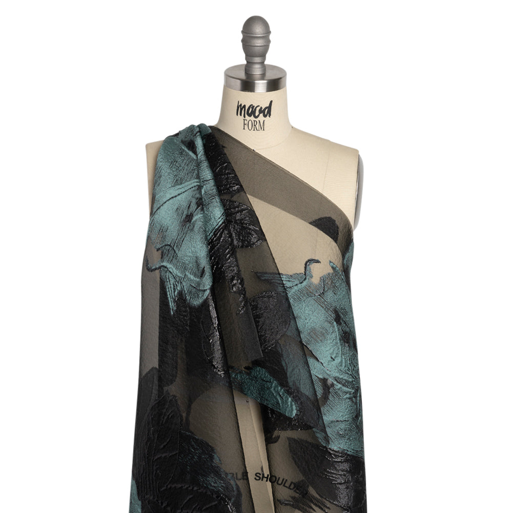 Metallic Black and Steel Blue Big Florals Luxury Burnout Brocade