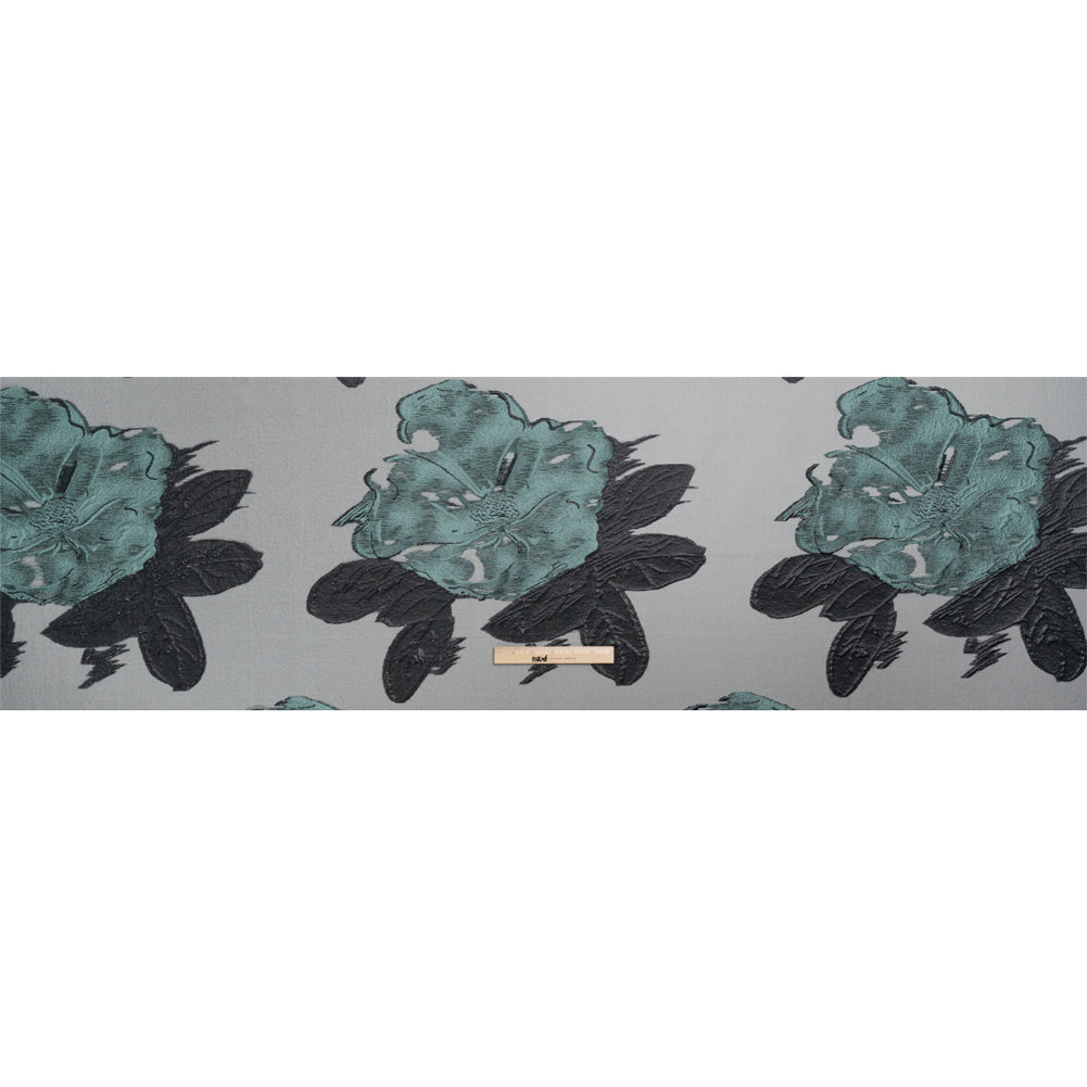 Metallic Black and Steel Blue Big Florals Luxury Burnout Brocade