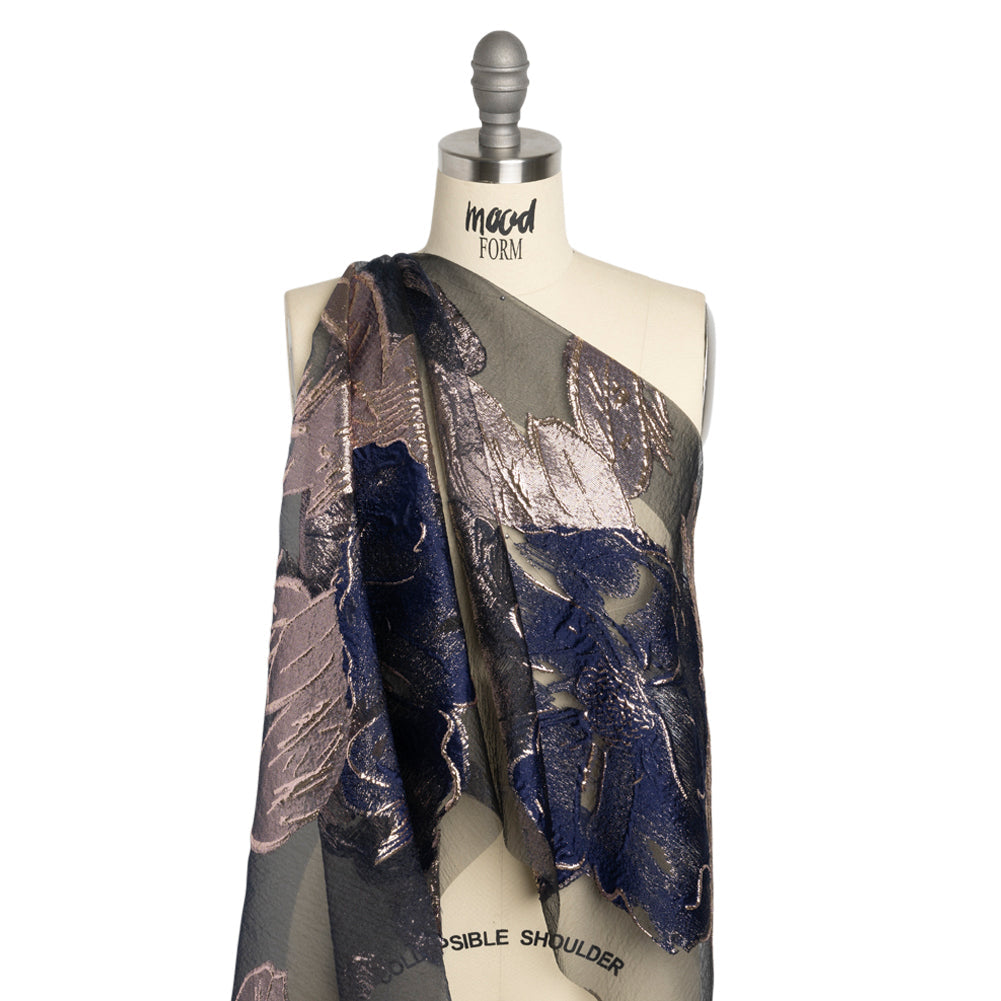 Metallic Rose Gold and Navy Big Florals Luxury Burnout Brocade