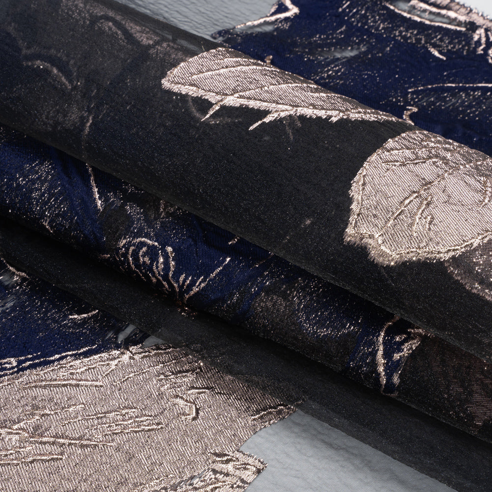 Metallic Rose Gold and Navy Big Florals Luxury Burnout Brocade