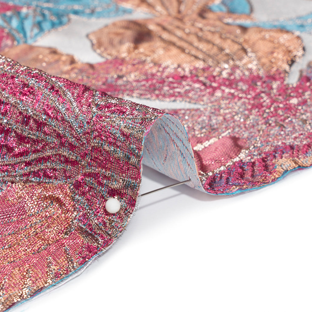 Metallic Hot Pink, Blue and Peach Blooms Luxury Brocade