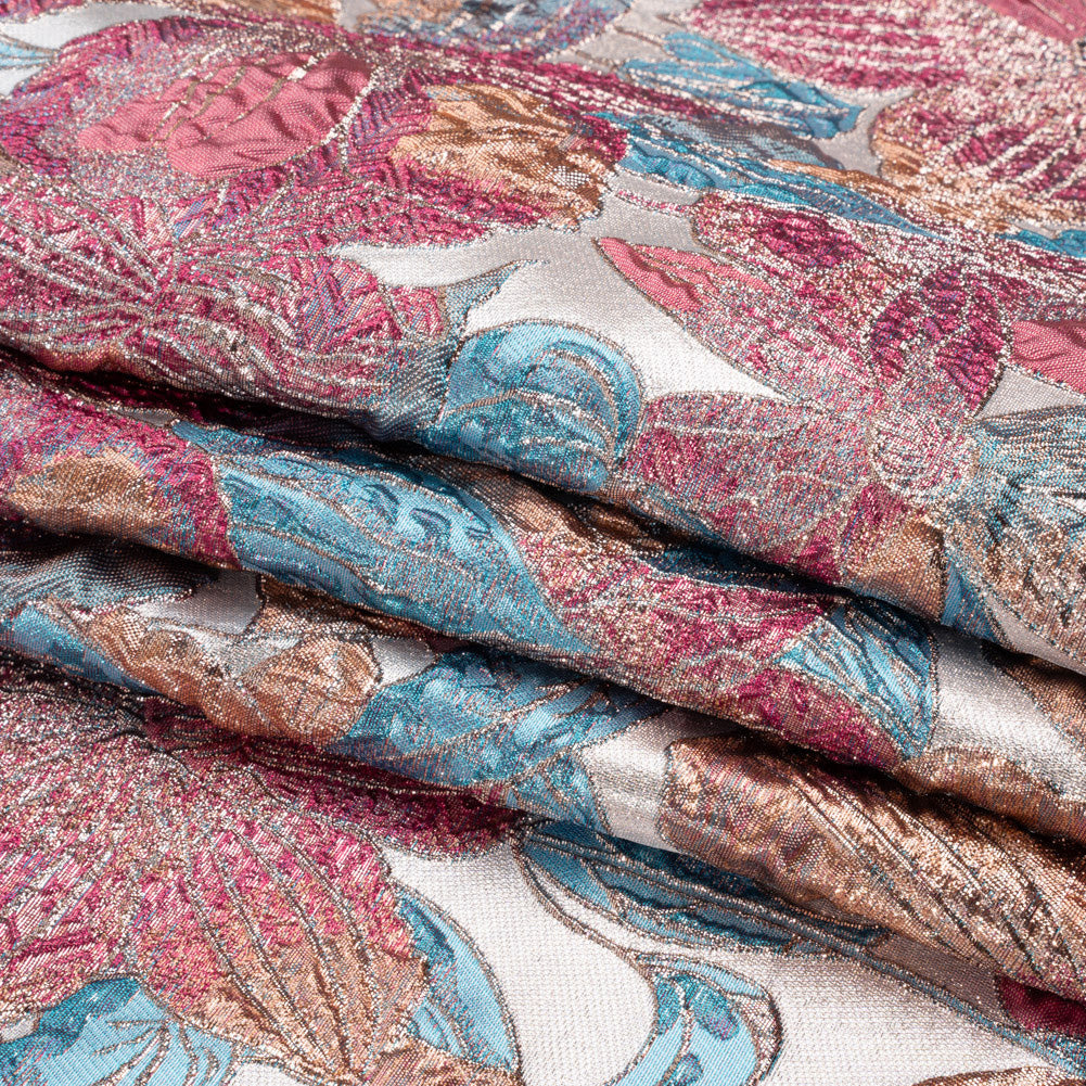 Metallic Hot Pink, Blue and Peach Blooms Luxury Brocade