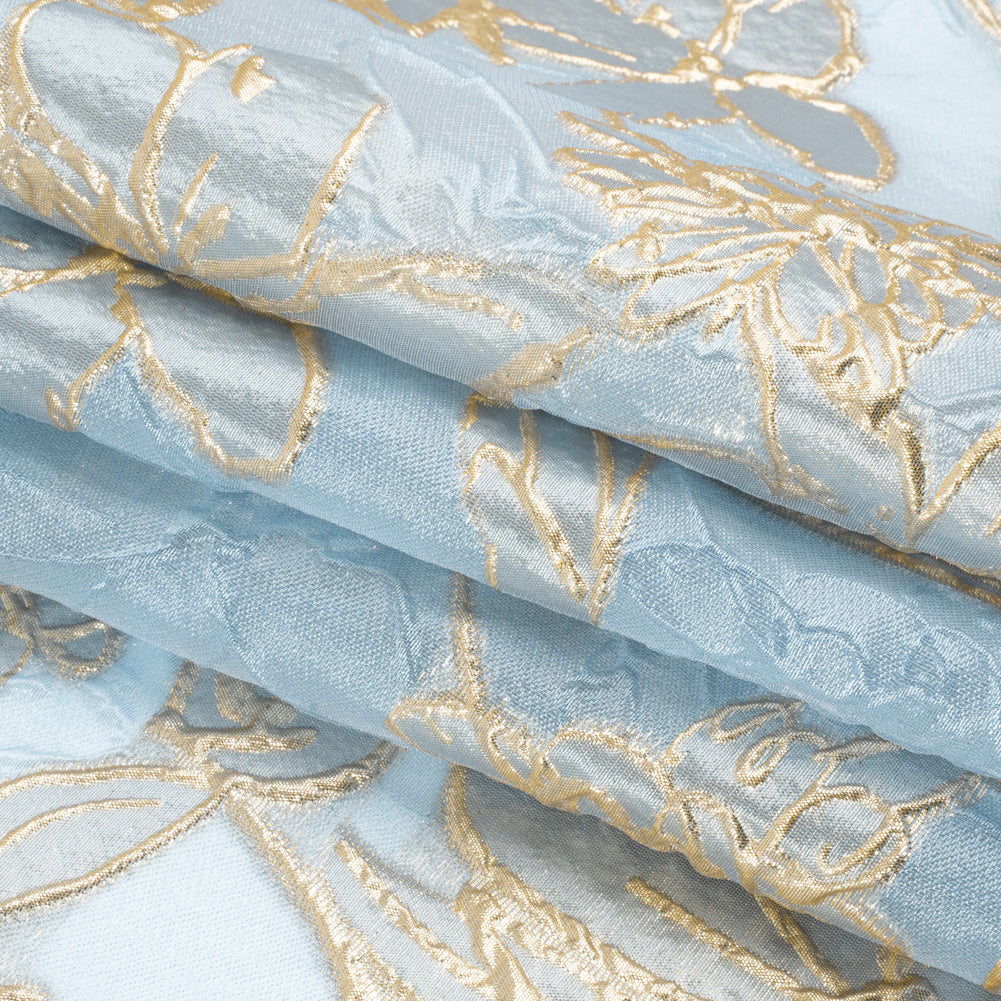 Metallic Gold and Sky Blue Floating Flowers Luxury Burnout Brocade