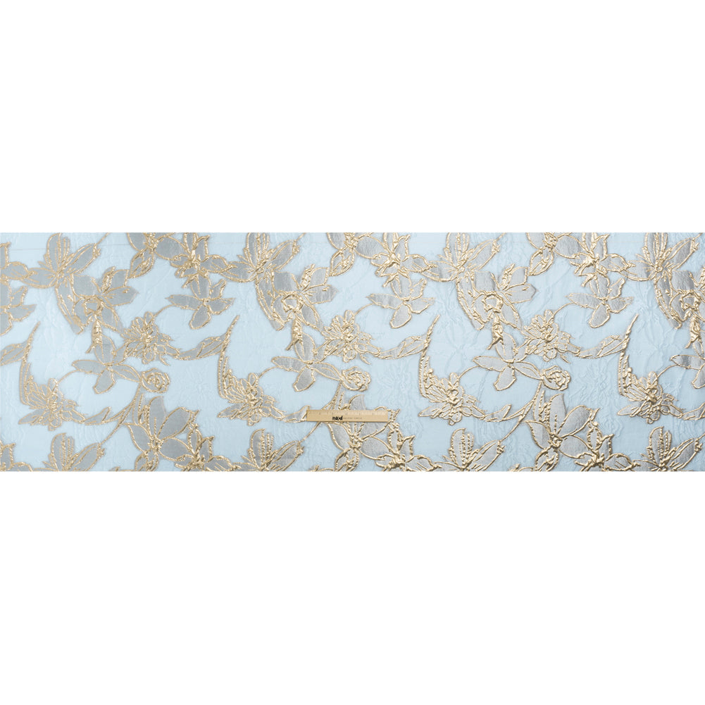 Metallic Gold and Sky Blue Floating Flowers Luxury Burnout Brocade
