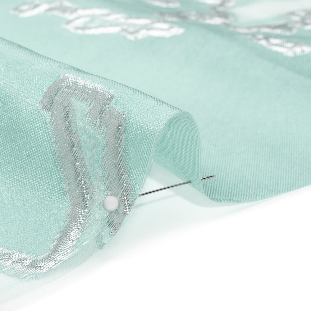Metallic Silver and Sky Blue Abstract Embers Luxury Burnout Brocade