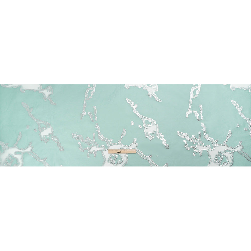 Metallic Silver and Sky Blue Abstract Embers Luxury Burnout Brocade