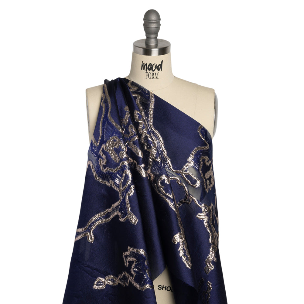 Metallic Silver and Navy Abstract Embers Luxury Burnout Brocade