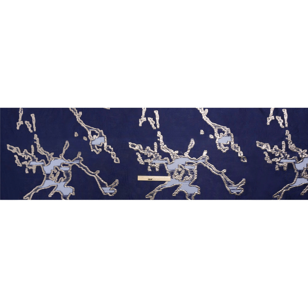 Metallic Silver and Navy Abstract Embers Luxury Burnout Brocade