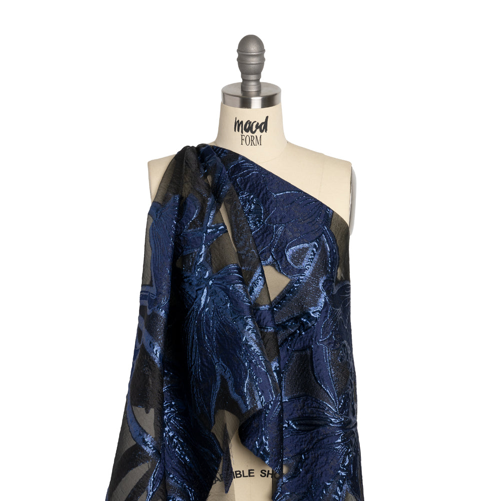 Metallic Navy and Black Twirling Tulips Luxury Burnout Brocade