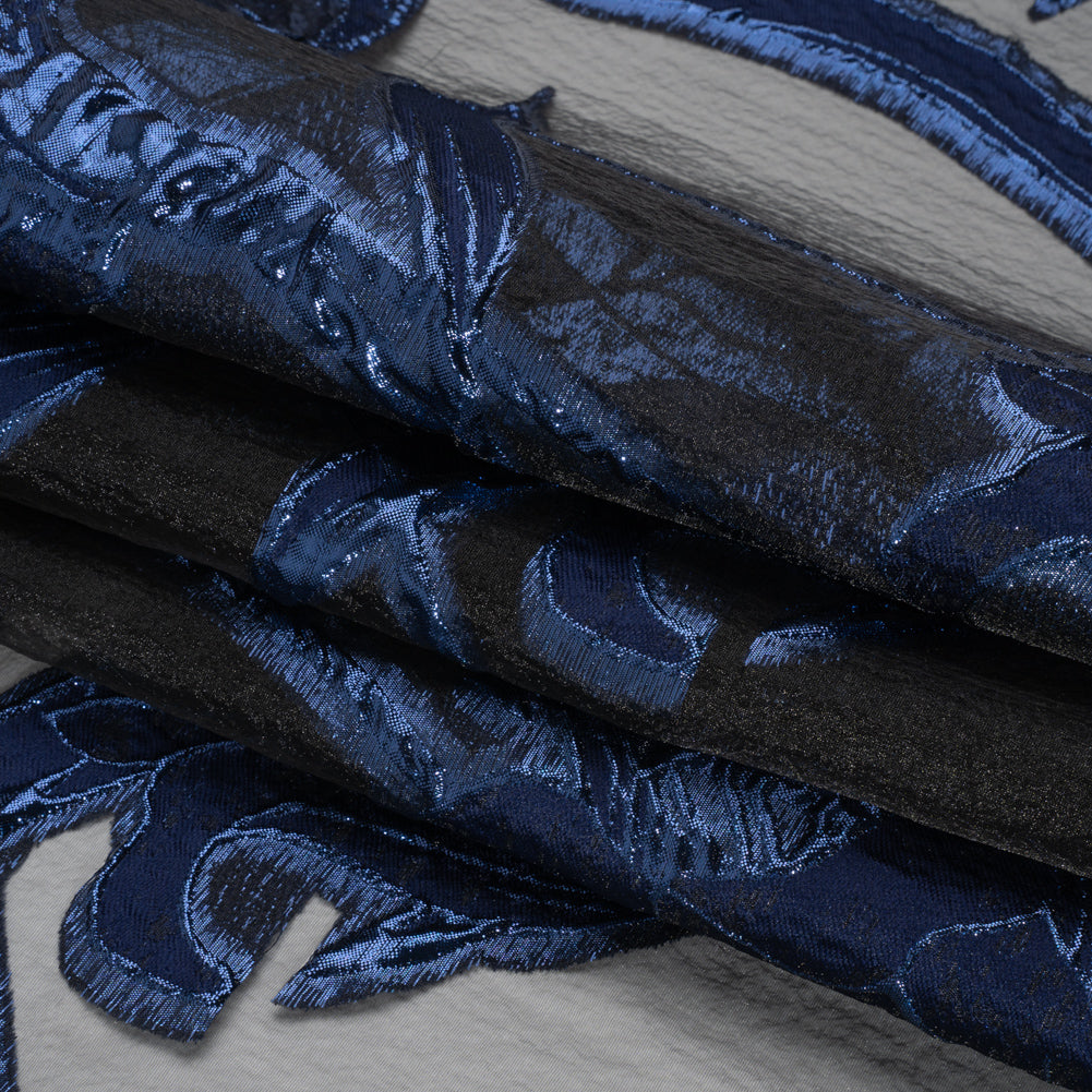 Metallic Navy and Black Twirling Tulips Luxury Burnout Brocade