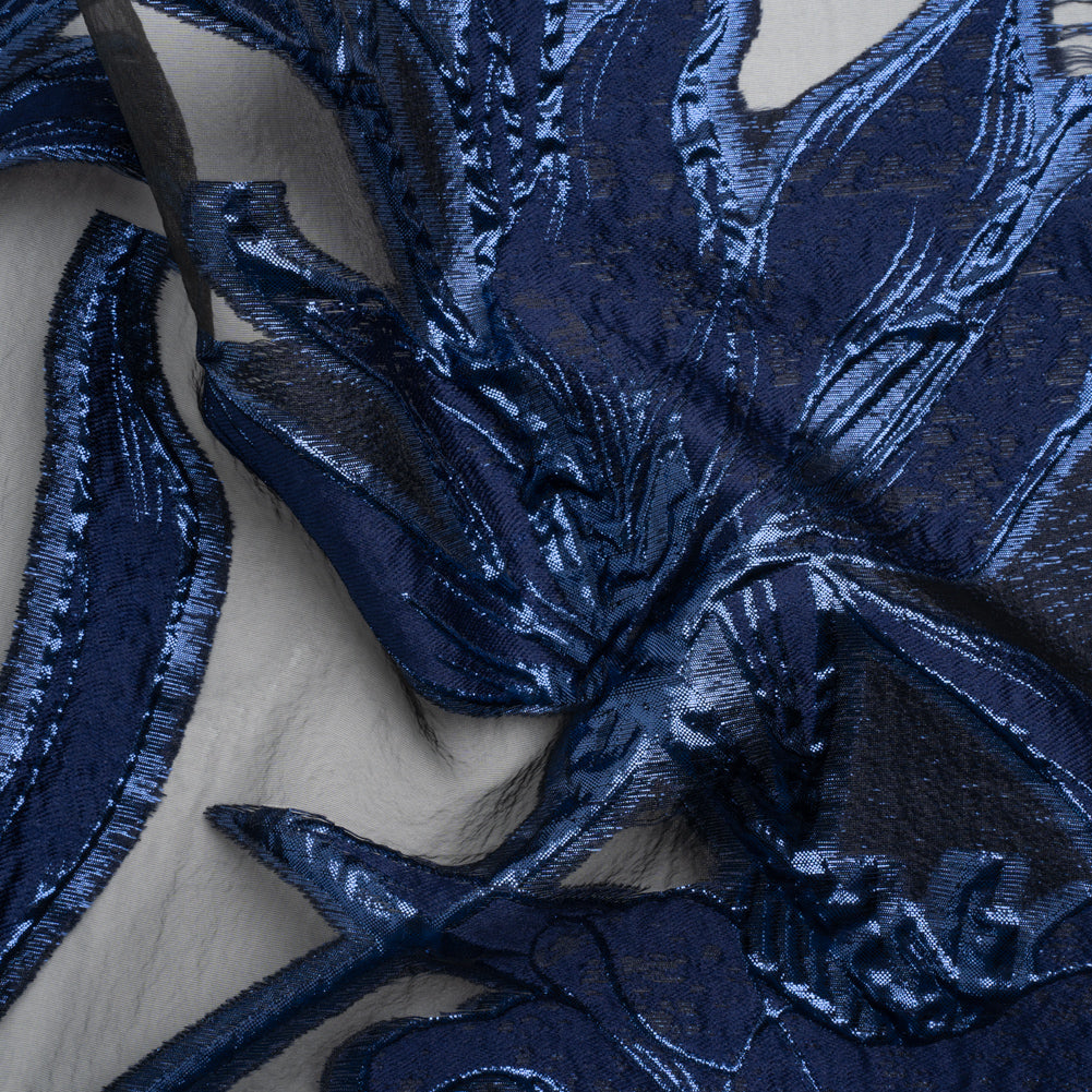 Metallic Navy and Black Twirling Tulips Luxury Burnout Brocade