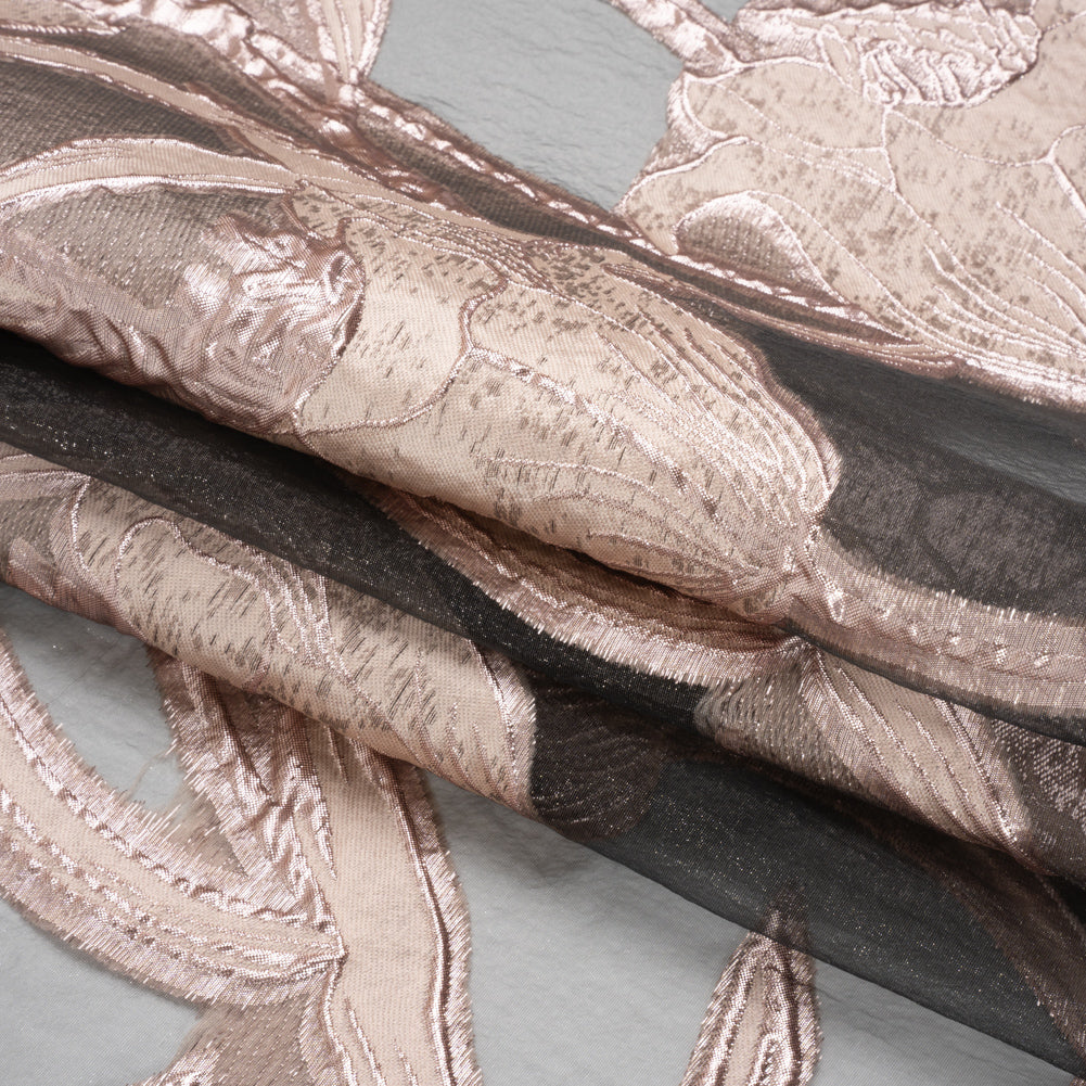 Metallic Rose Gold and Black Twirling Tulips Luxury Burnout Brocade