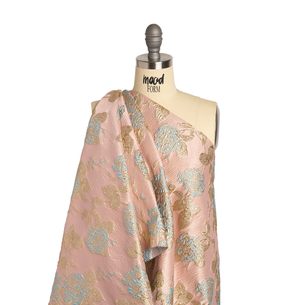 Metallic Gold, Baby Blue and Pink Floral Luxury Brocade