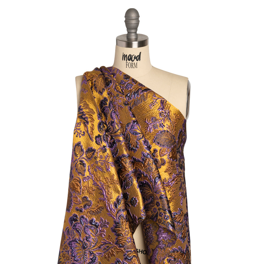 Metallic Antique Gold, Purple and Navy Floral Delight Luxury Brocade