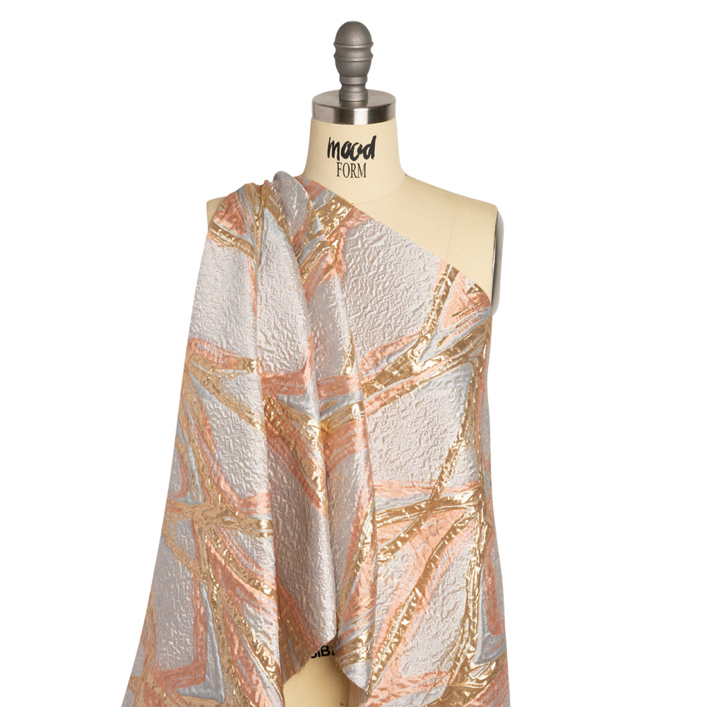 Metallic Gold, Pale Gray and Peach Flowing Lines Luxury Brocade