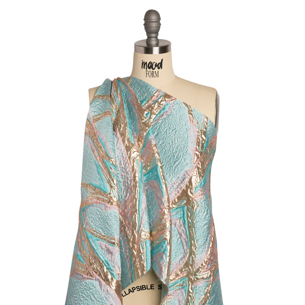 Metallic Gold, Turquoise and Pink Flowing Lines Luxury Brocade
