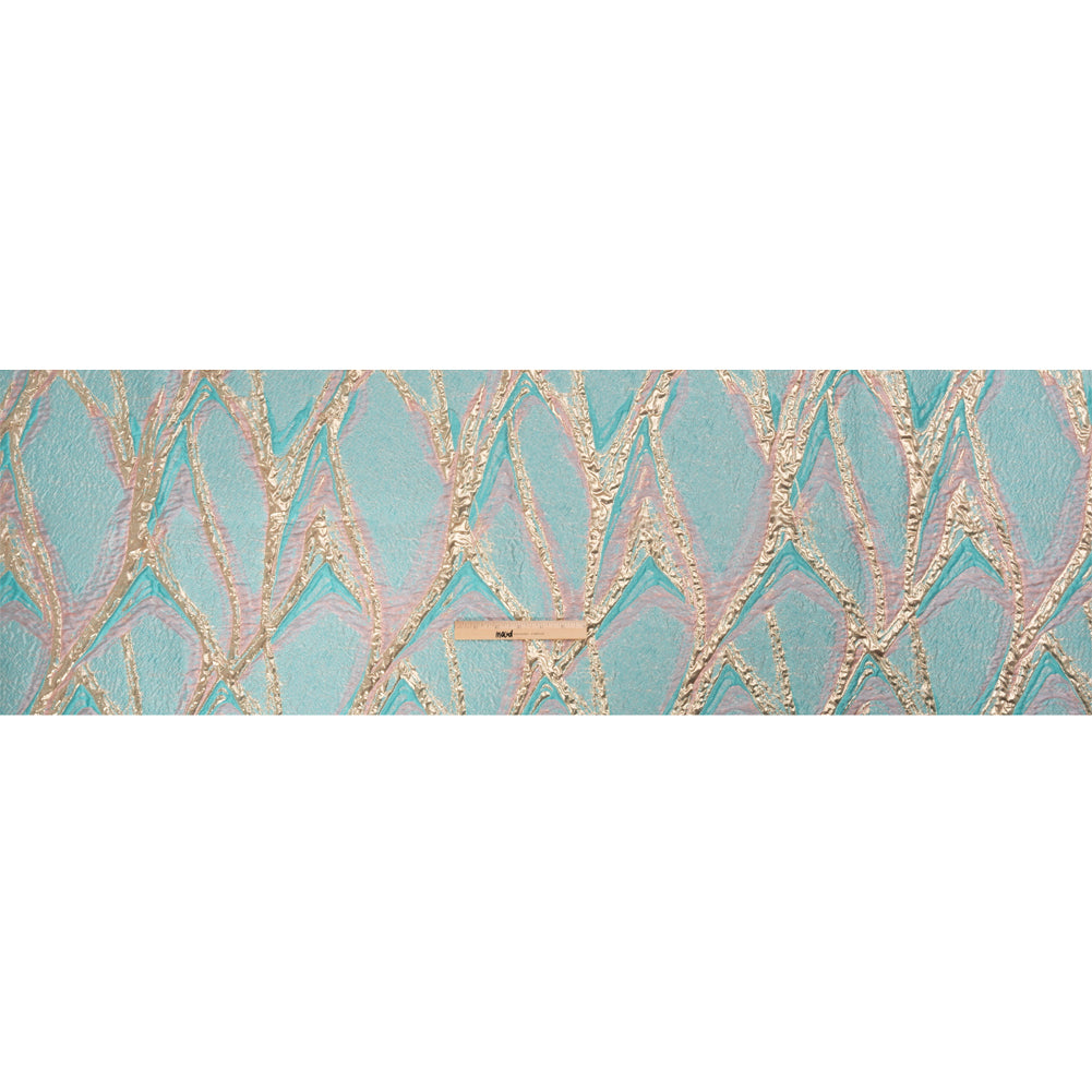 Metallic Gold, Turquoise and Pink Flowing Lines Luxury Brocade