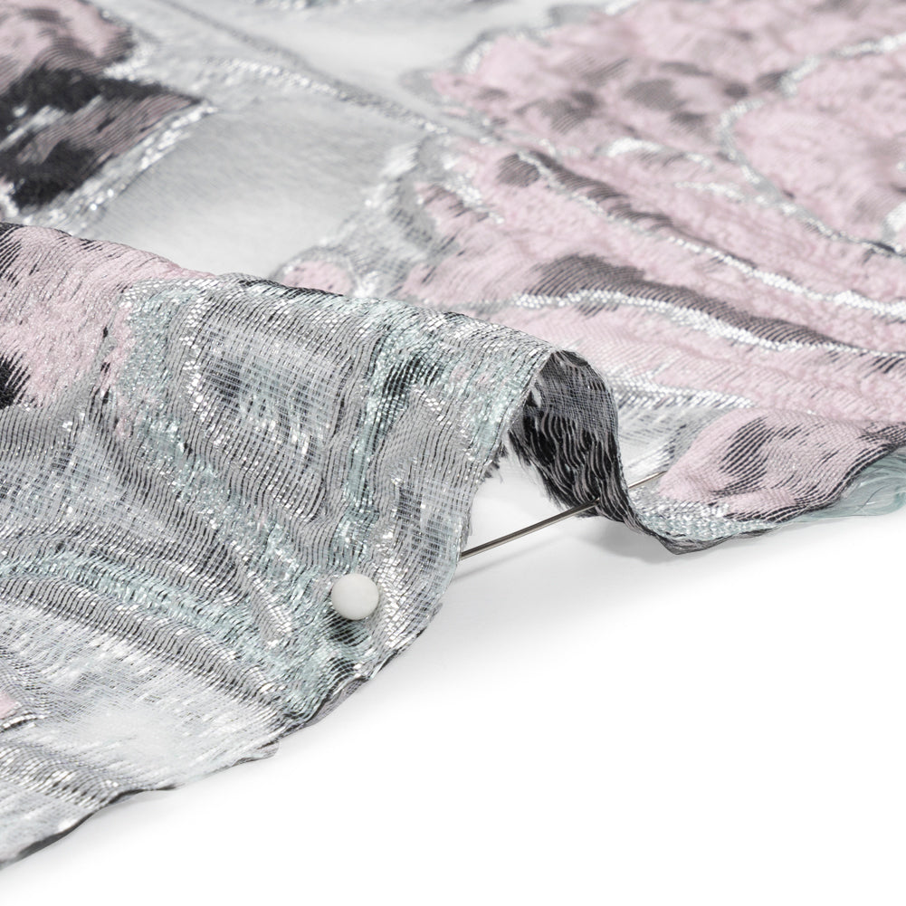 Metallic Silver, Pink and Black Floral Luxury Burnout Brocade