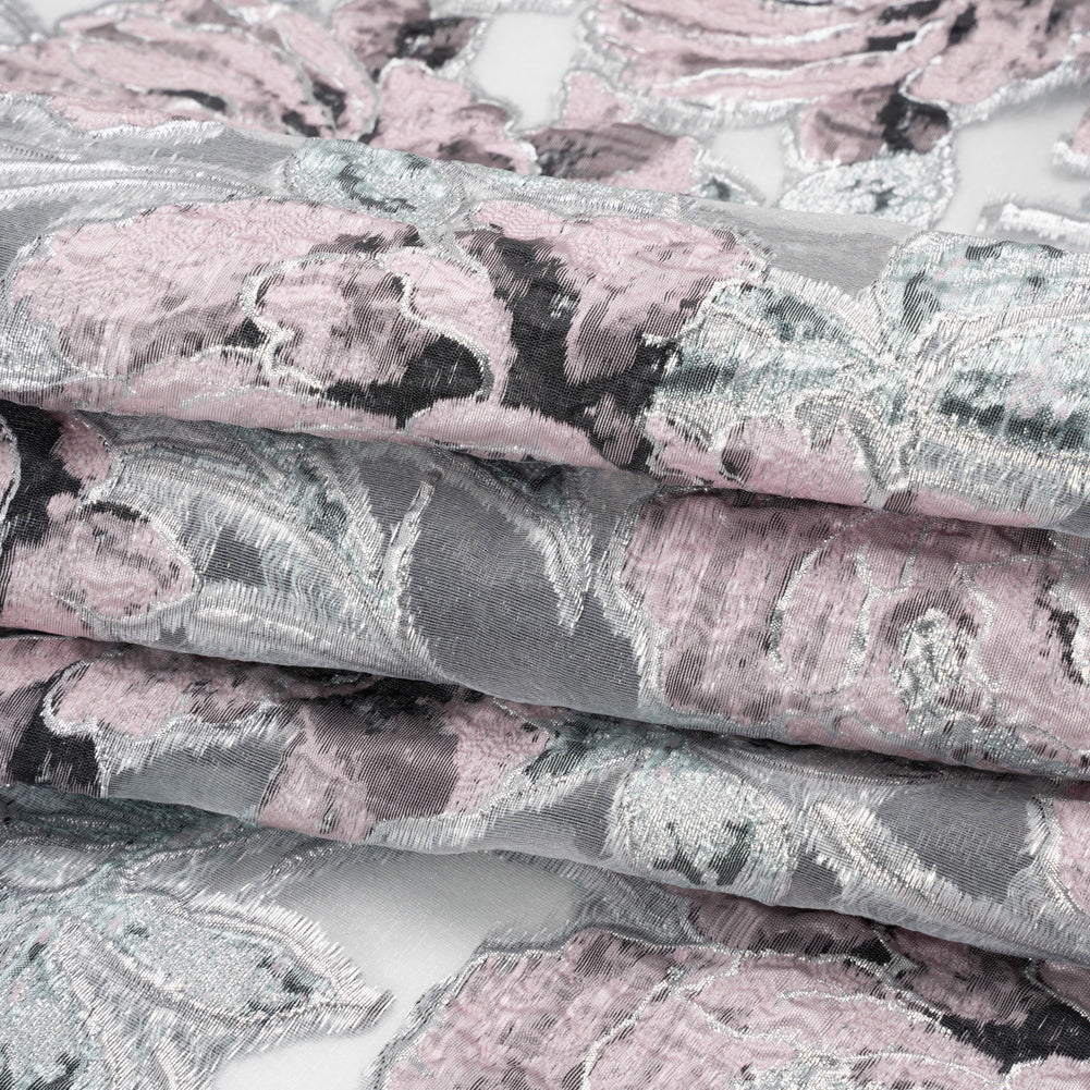 Metallic Silver, Pink and Black Floral Luxury Burnout Brocade