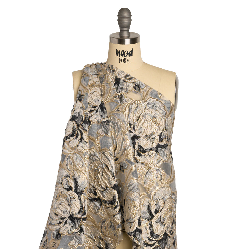 Metallic Gold, Beige and Black Floral Luxury Burnout Brocade