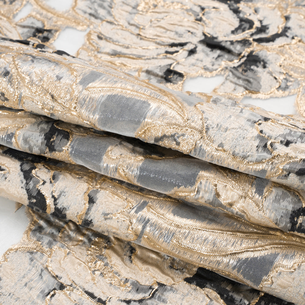 Metallic Gold, Beige and Black Floral Luxury Burnout Brocade
