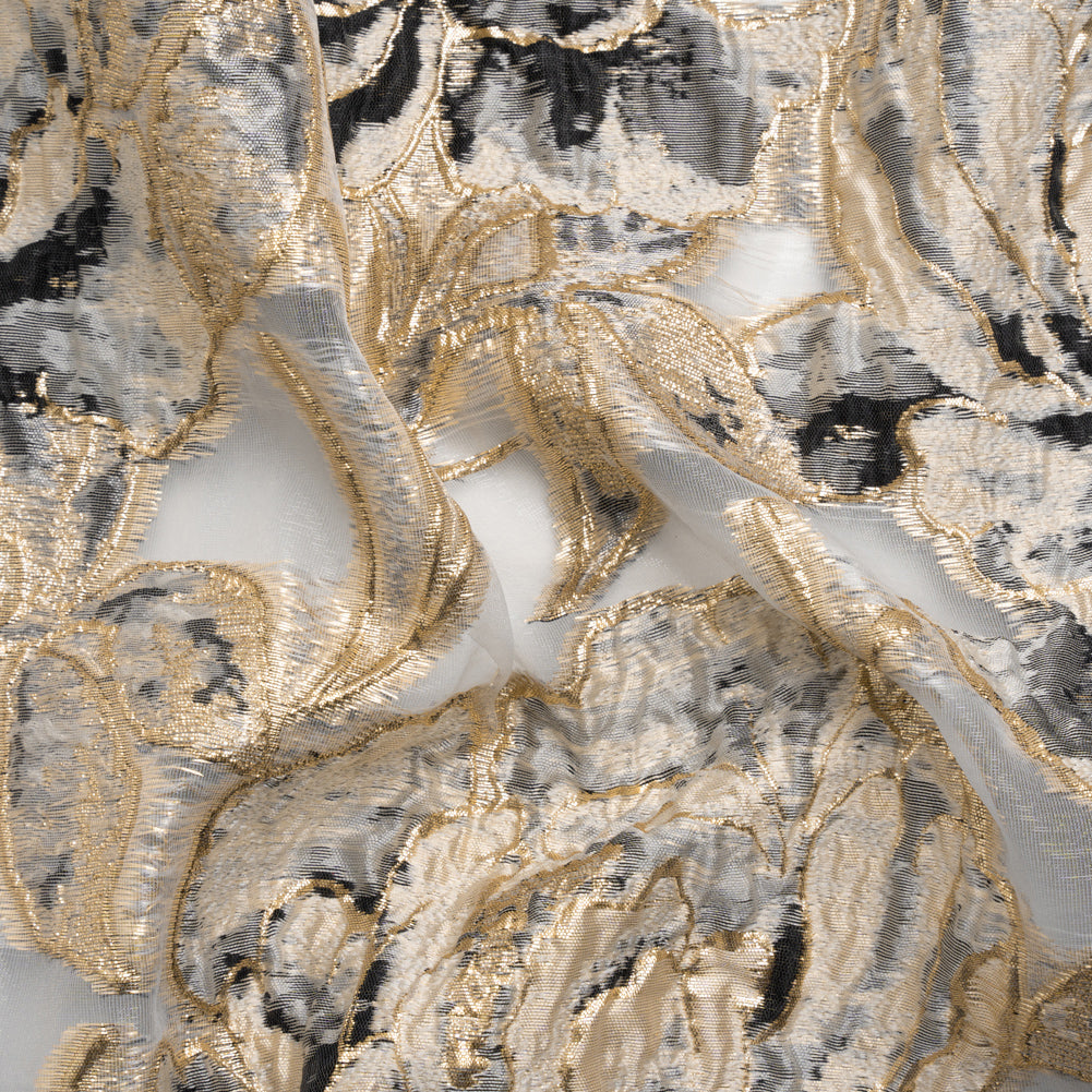 Metallic Gold, Beige and Black Floral Luxury Burnout Brocade