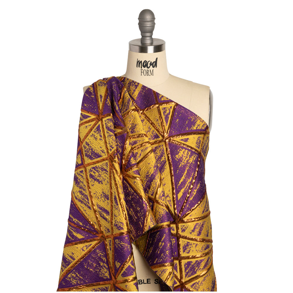 Metallic Copper, Mustard and Purple Geometric Distress Luxury Brocade