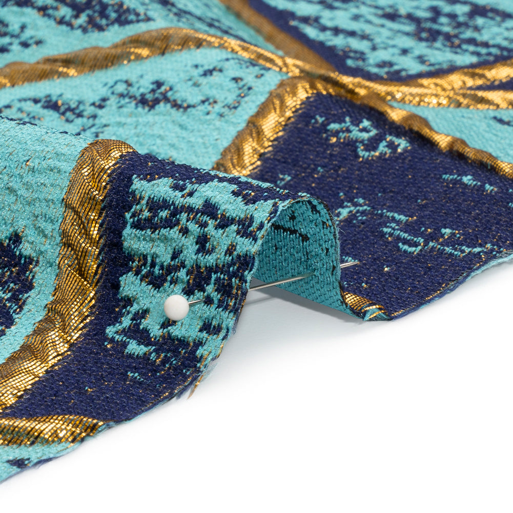 Metallic Gold, Turquoise and Navy Geometric Distress Luxury Brocade