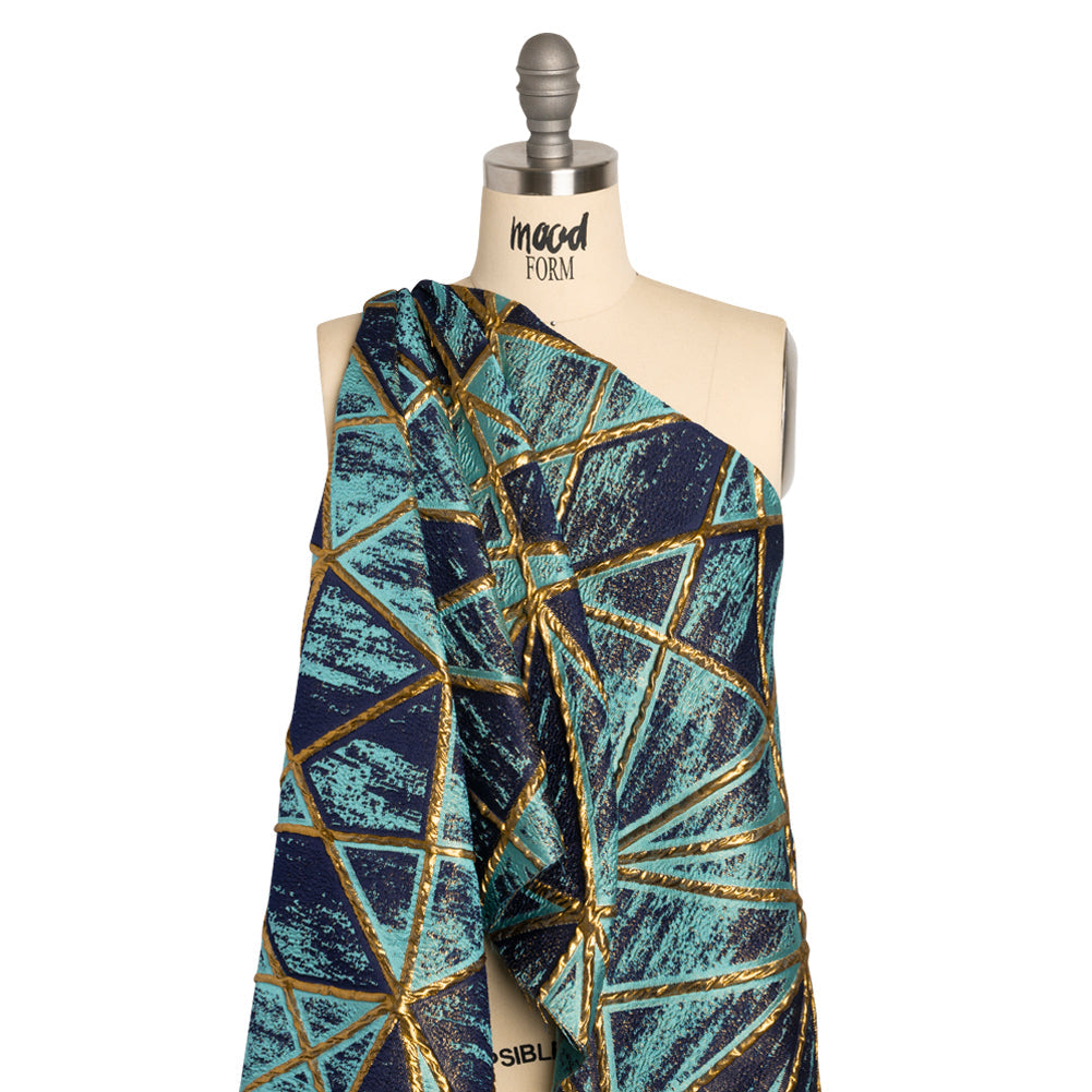 Metallic Gold, Turquoise and Navy Geometric Distress Luxury Brocade