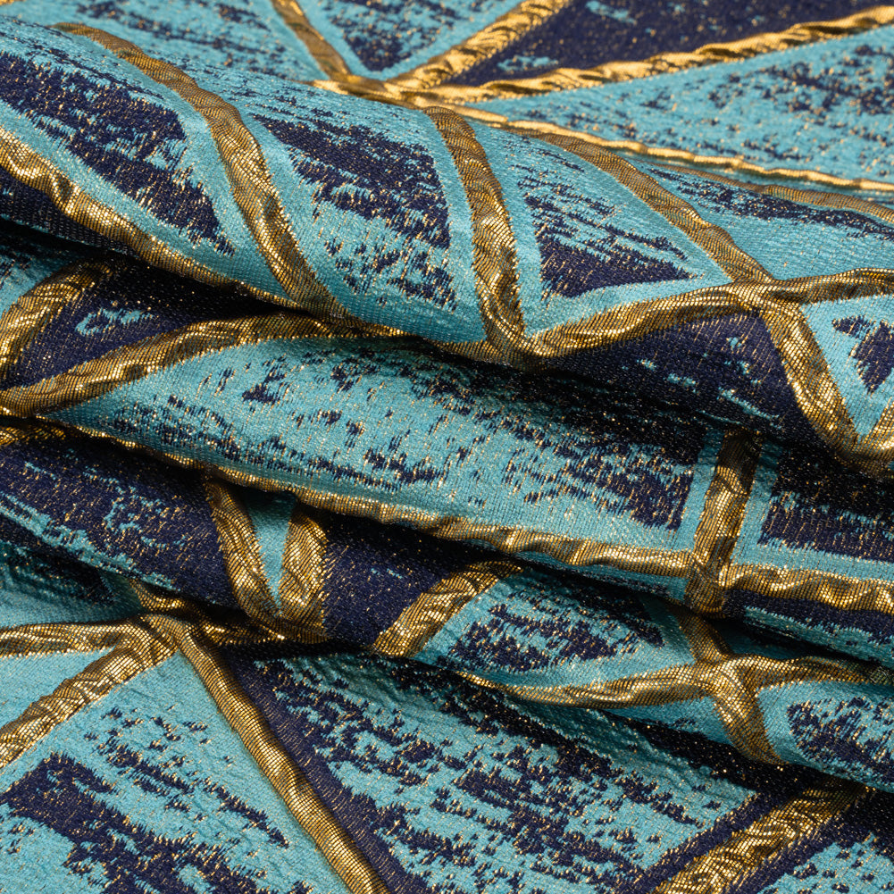 Metallic Gold, Turquoise and Navy Geometric Distress Luxury Brocade