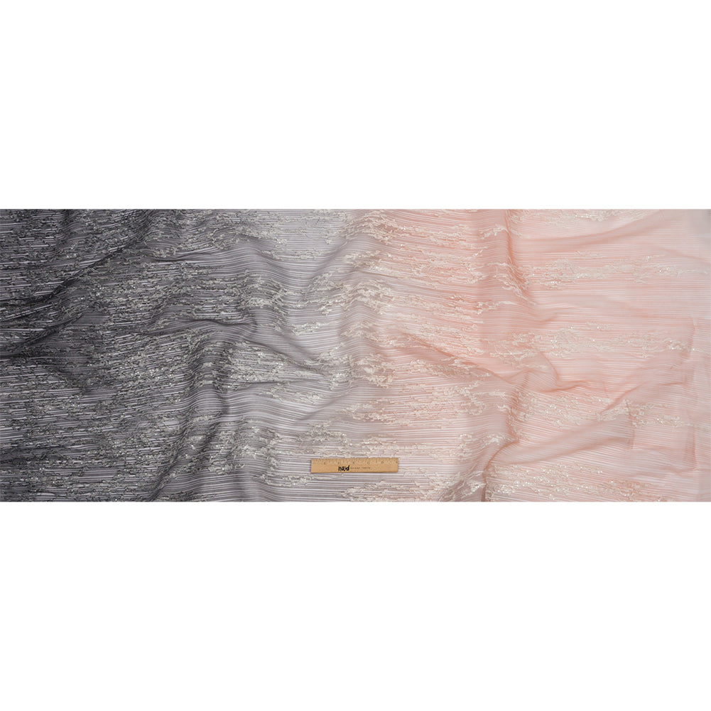 Embroidered Soft Pleated Tulle with Sequins - Charcoal and Blush Ombre Abstract - Sequoia Collection