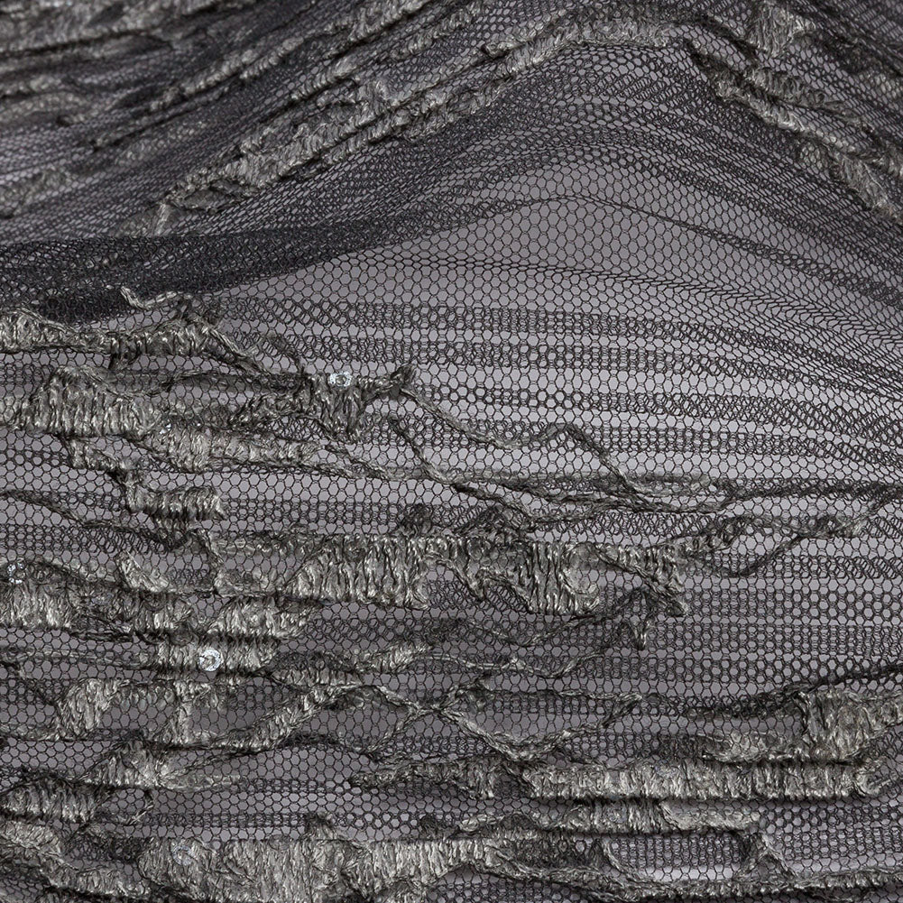 Embroidered Soft Pleated Tulle with Sequins - Black and Taupe Ombre Abstract - Sequoia Collection
