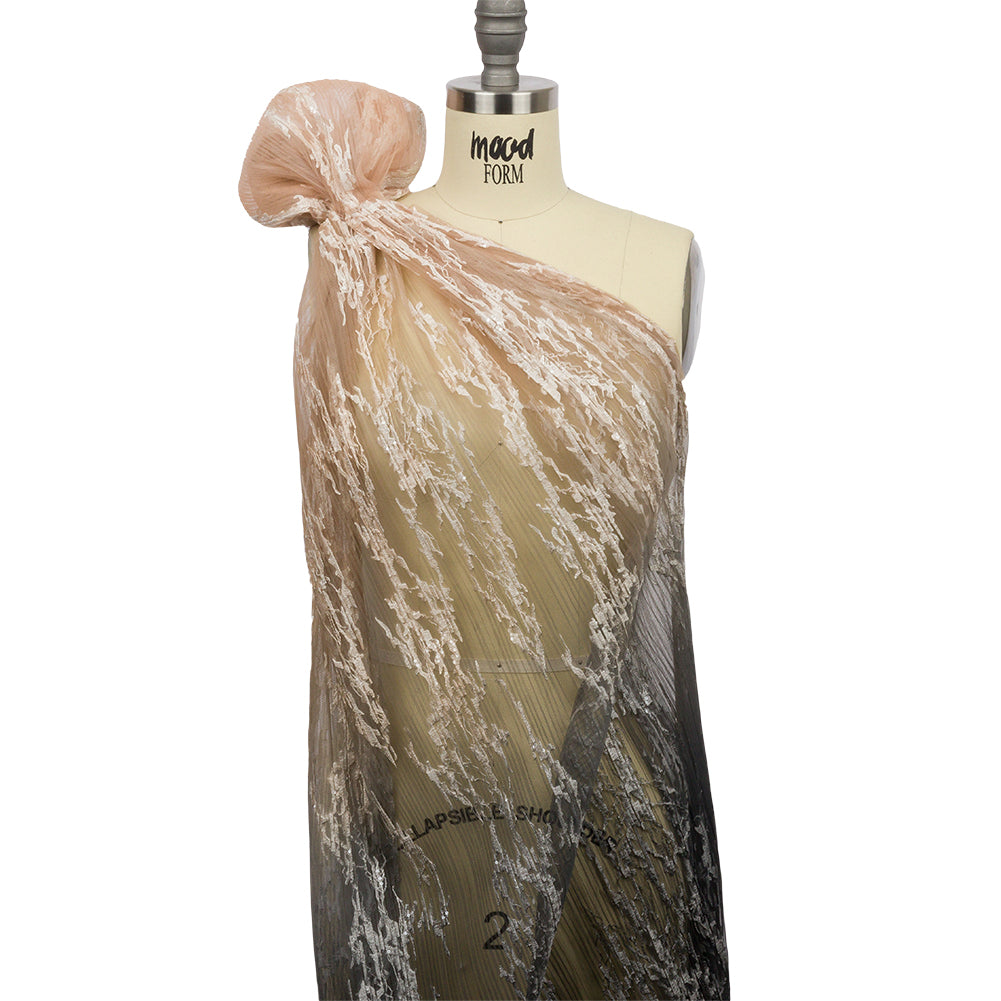 Embroidered Soft Pleated Tulle with Sequins - Black and Taupe Ombre Abstract - Sequoia Collection