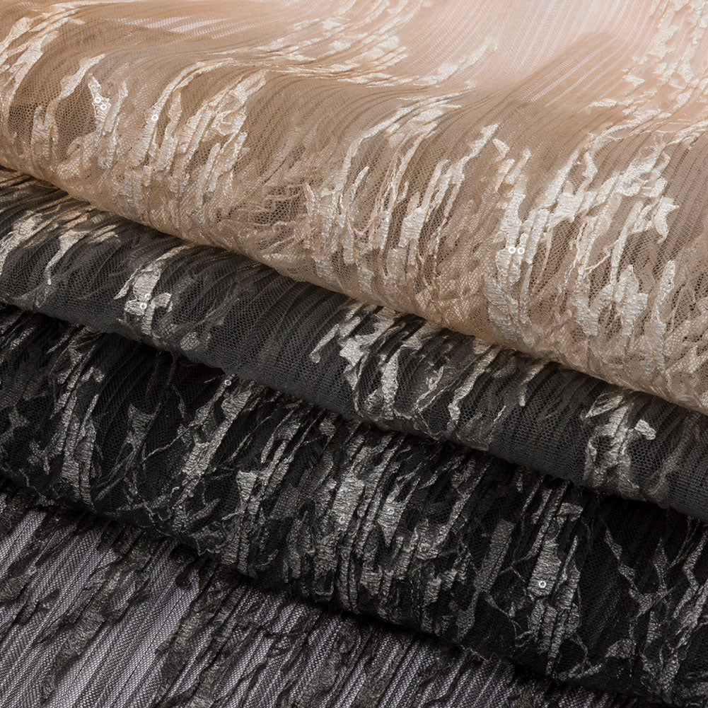 Embroidered Soft Pleated Tulle with Sequins - Black and Taupe Ombre Abstract - Sequoia Collection