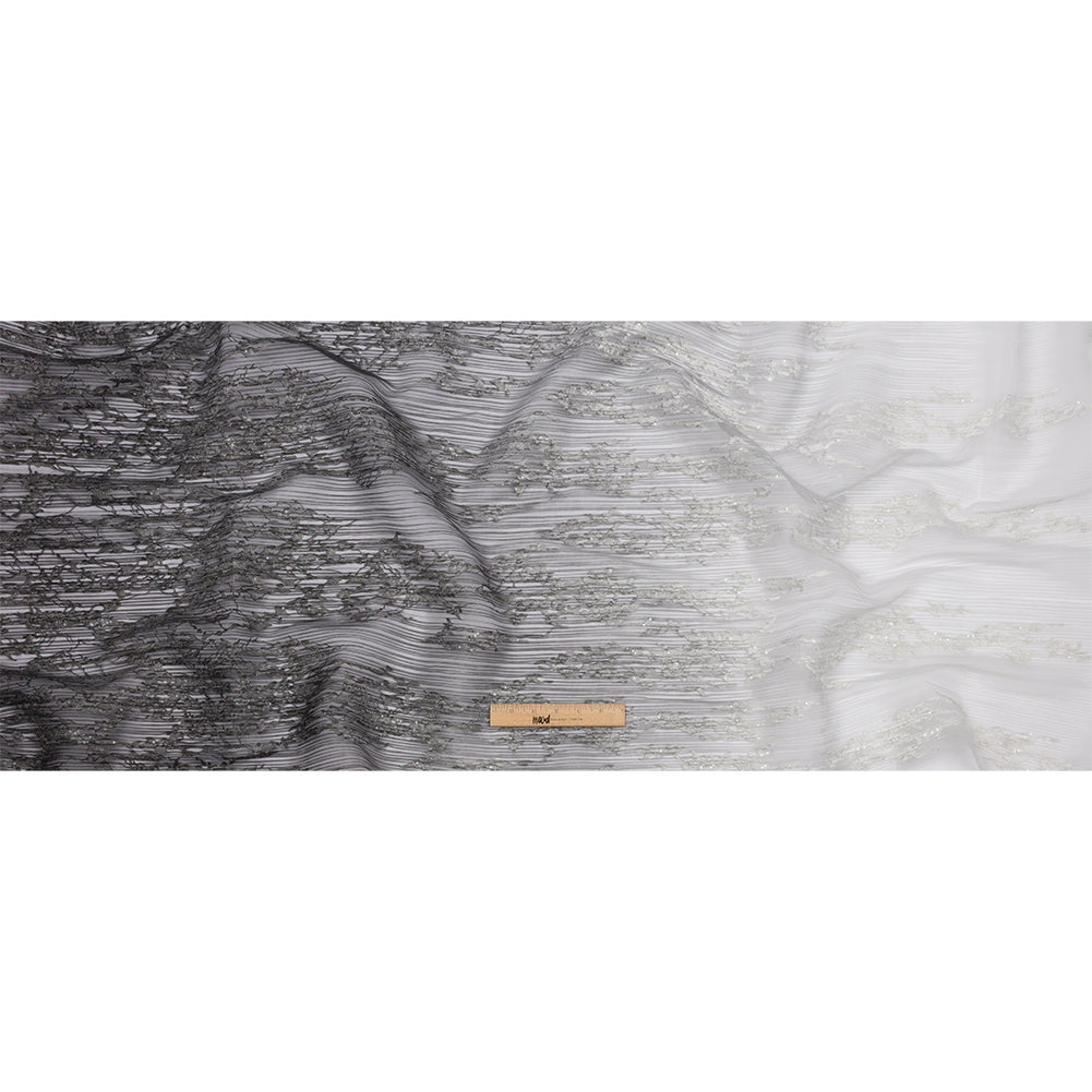 Embroidered Soft Pleated Tulle with Sequins - Black, Gray and White Ombre Abstract - Sequoia Collection