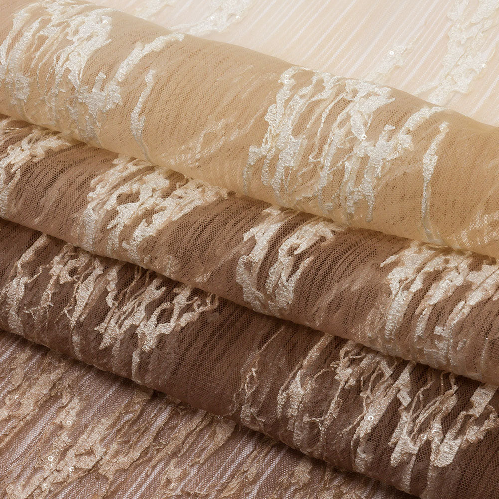 Embroidered Soft Pleated Tulle with Sequins - Beige, Brown and White Ombre Abstract - Sequoia Collection
