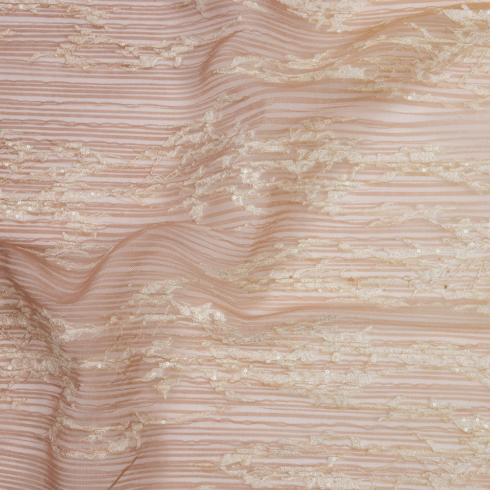 Embroidered Soft Pleated Tulle with Sequins - Beige, Brown and White Ombre Abstract - Sequoia Collection