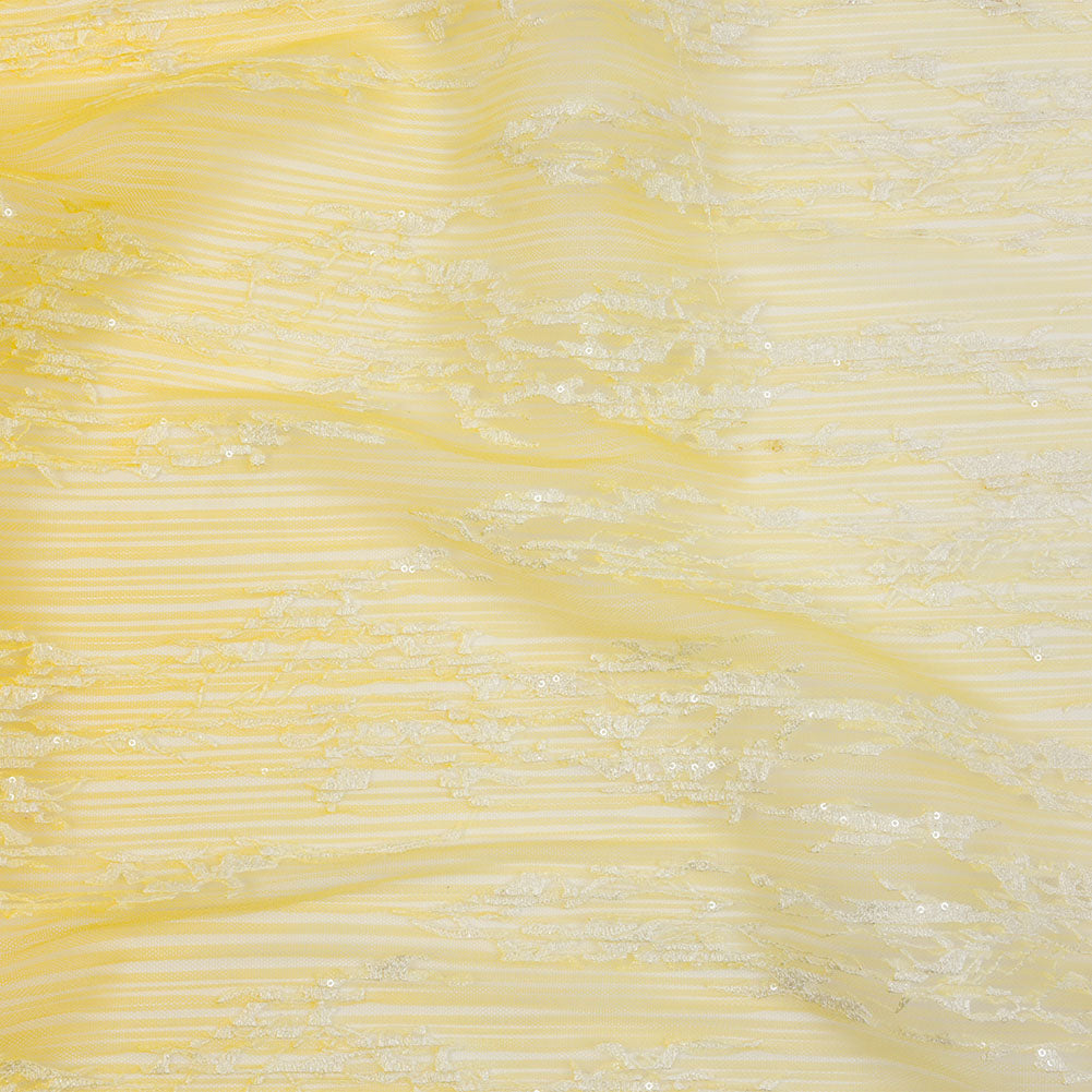 Embroidered Soft Pleated Tulle with Sequins - White and Lemon Ombre Abstract - Sequoia Collection
