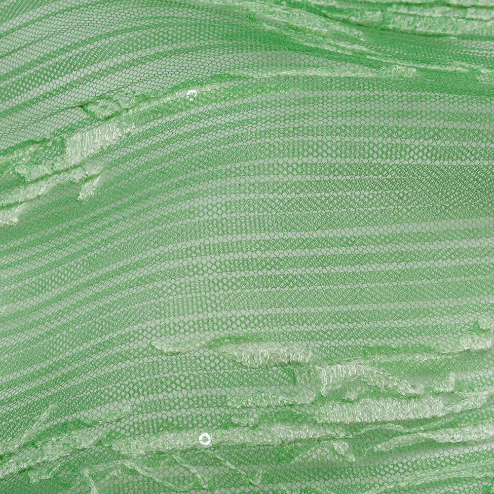 Embroidered Soft Pleated Tulle with Sequins - Mint, Green and White Ombre Abstract - Sequoia Collection