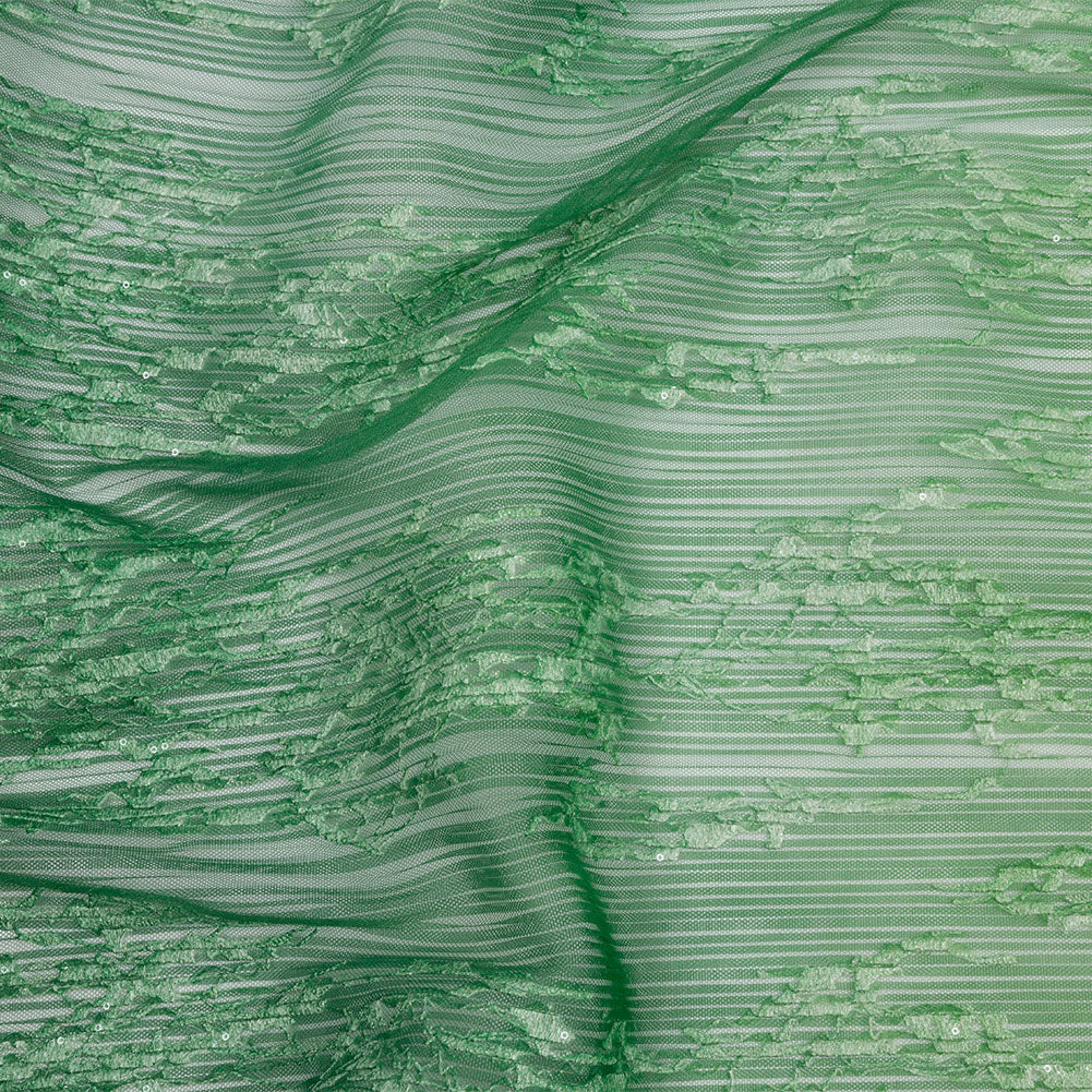Embroidered Soft Pleated Tulle with Sequins - Mint, Green and White Ombre Abstract - Sequoia Collection