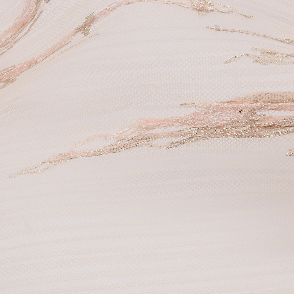 Embroidered Soft Pleated Tulle with Clear Baby Sequins - Blush Abstract - Linden Collection
