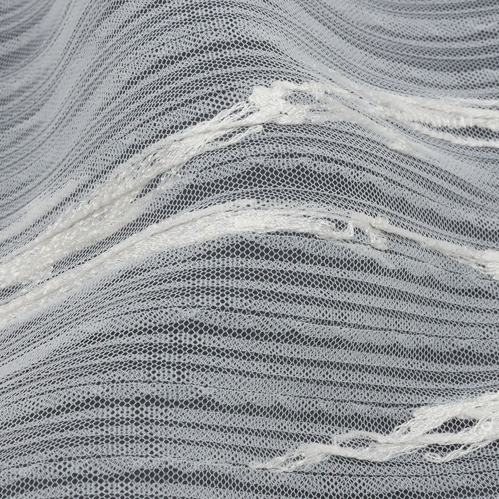 Embroidered Soft Pleated Tulle with Clear Baby Sequins - Off White Abstract - Linden Collection