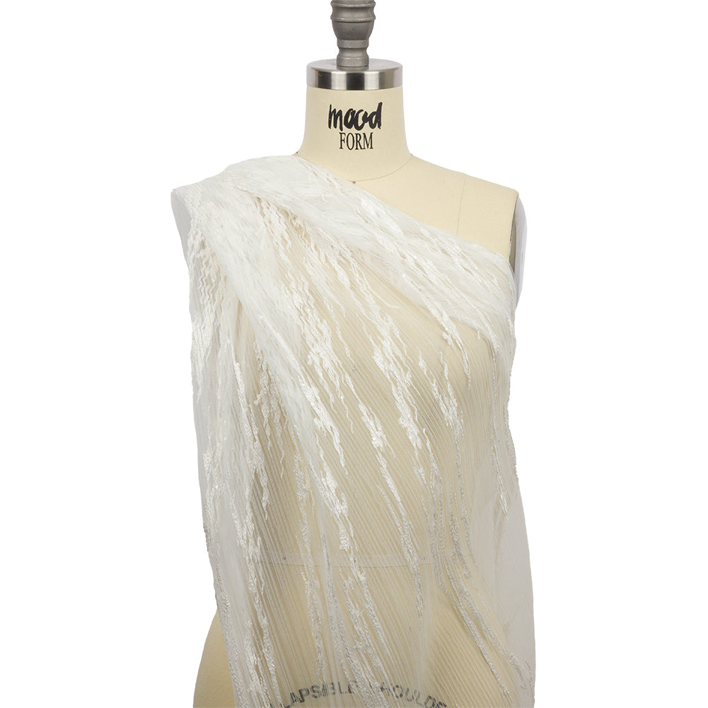 Embroidered Soft Pleated Tulle with Clear Baby Sequins - Off White Abstract - Linden Collection