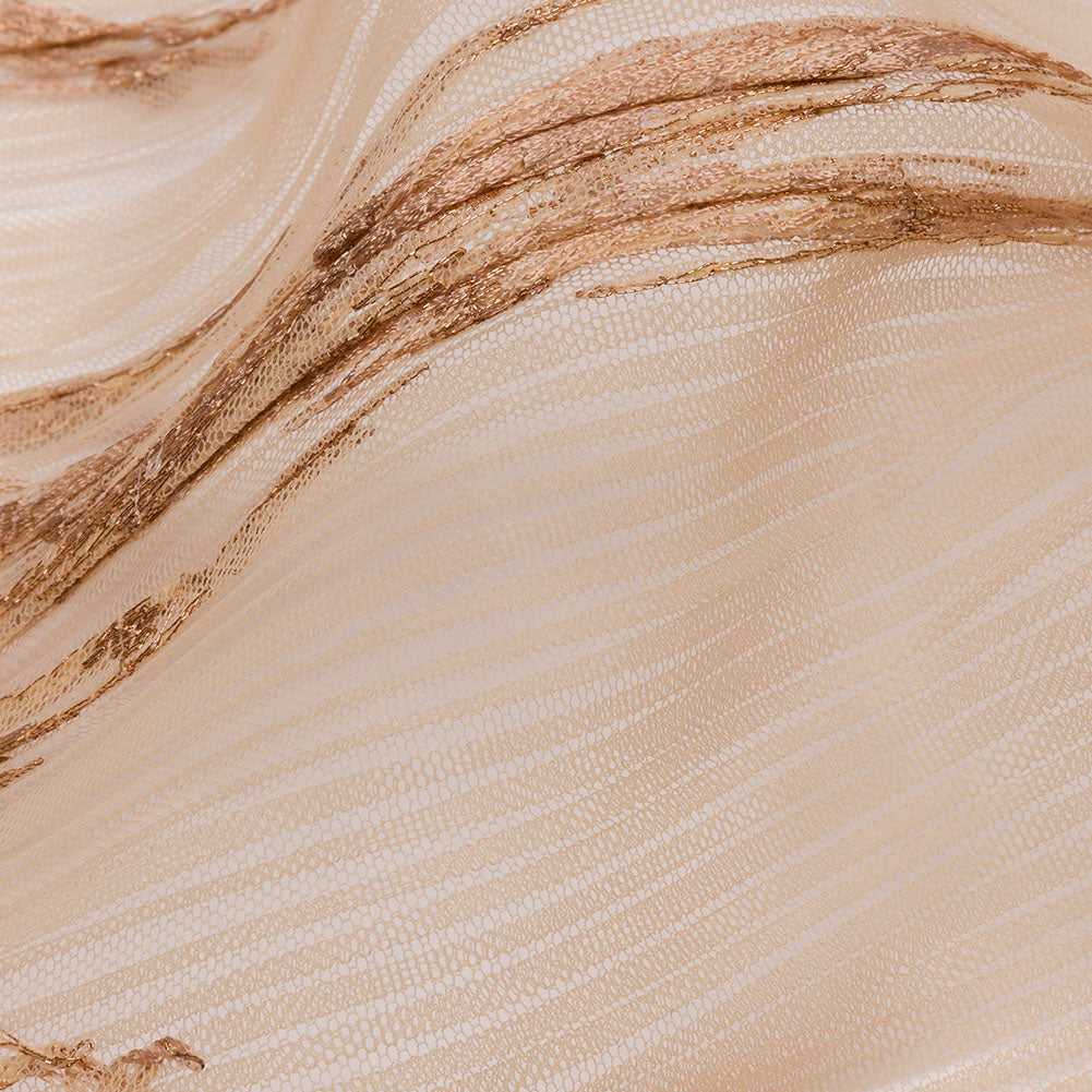 Embroidered Soft Pleated Tulle with Clear Baby Sequins - Caramel Abstract - Linden Collection